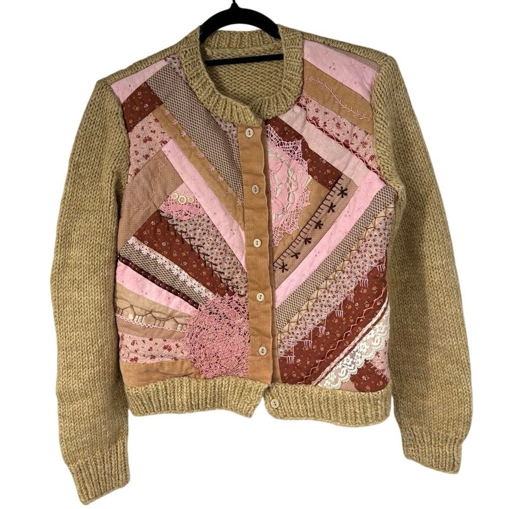 Vintage Handmade Sweater Womens S Pink Quilted Patchwork Floral Cardigan